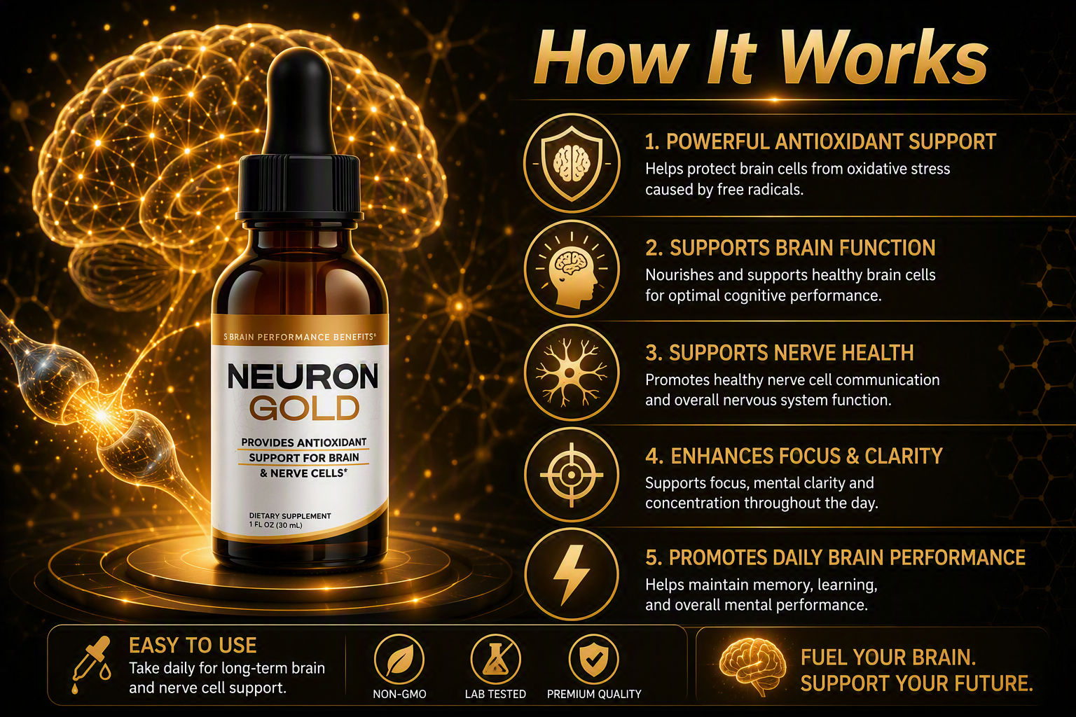 Diagram showing how NeuronGold supports antioxidant protection, brain function, nerve health, focus, and performance